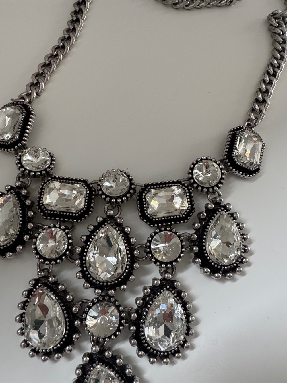 Crystal Teardrop Statement Necklace - Silver Tone - Picture 2 of 3